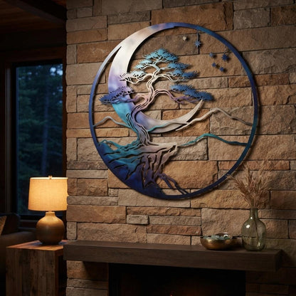 Moon Tree Metal Wall Art, Mountain Landscape Decor, Celestial Home Art