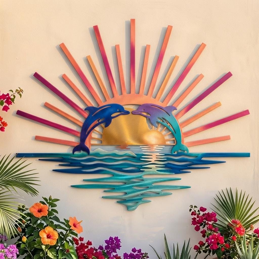 Dolphin Metal Wall Art, Ocean Sunset Decor, Coastal Beach House Art
