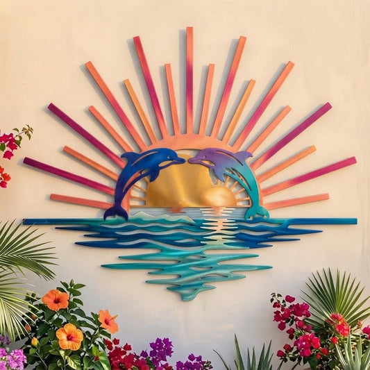 Dolphin Metal Wall Art, Ocean Sunset Decor, Coastal Beach House Art
