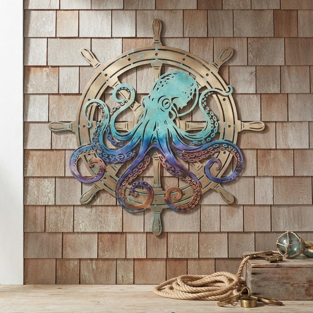 Octopus Metal Wall Art, Nautical Coastal Decor, Ship Wheel Ocean Art