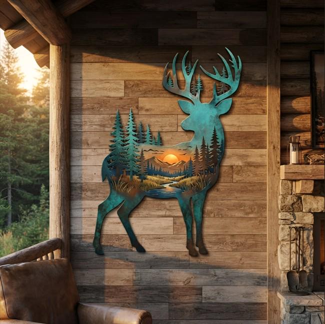 Buck Metal Wall Art - Deer Wall Decor - Mountain Metal Art - Forest Wall Decor, Hunting Cabin Decor, Outdoorsman Gift