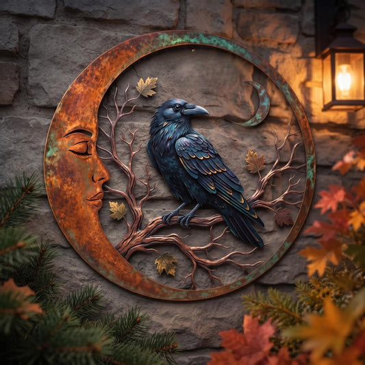 Raven Metal Wall Art - Crow Wall Decor - Moon Metal Sign - Gothic Home Decor, Dark Cottage Decor, Outdoor Metal Art
