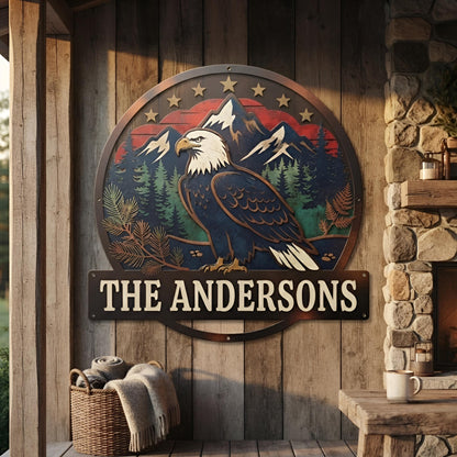 Personalized Eagle Metal Sign - Bald Eagle Wall Art - Family Name Sign - Rustic Cabin Decor, Patriotic Wall Art, Custom Metal Sign