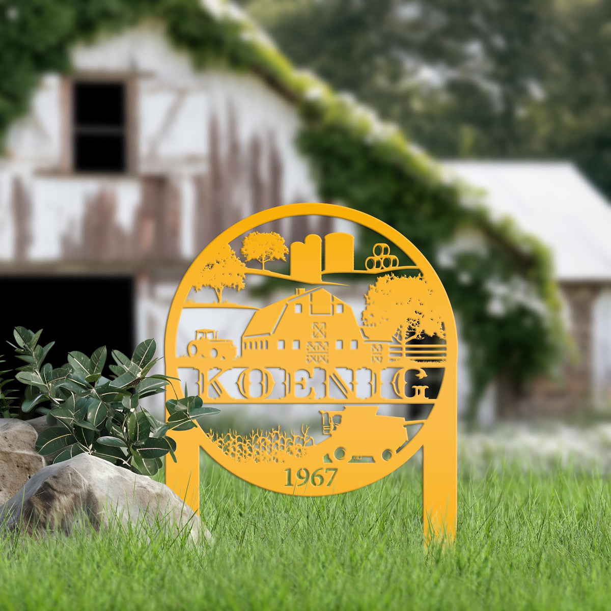 Custom Farm Scene Metal Garden Stake - Unique Home Decor - Charming Country Farming Yard Ornament - Rustic Outdoor Sign - Housewarming Gift
