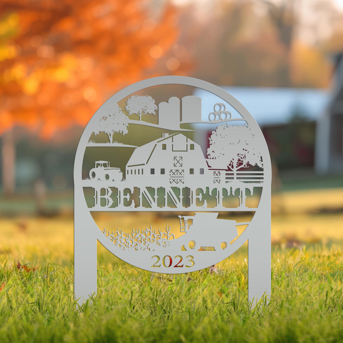 Custom Farm Scene Metal Garden Stake - Unique Home Decor - Charming Country Farming Yard Ornament - Rustic Outdoor Sign - Housewarming Gift