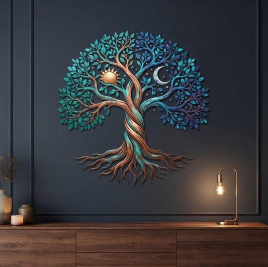 Colorful Tree of Life Art - Celestial Metal Wall Art - Sun and Moon Decor - Nature Wall Decor, Mystical Home Gift