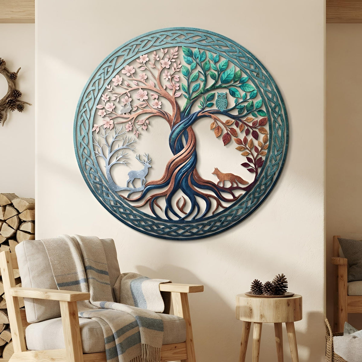 Celtic Tree of Life Wall Decor, Deer Fox Owl Metal Art, Rustic Woodland Decor