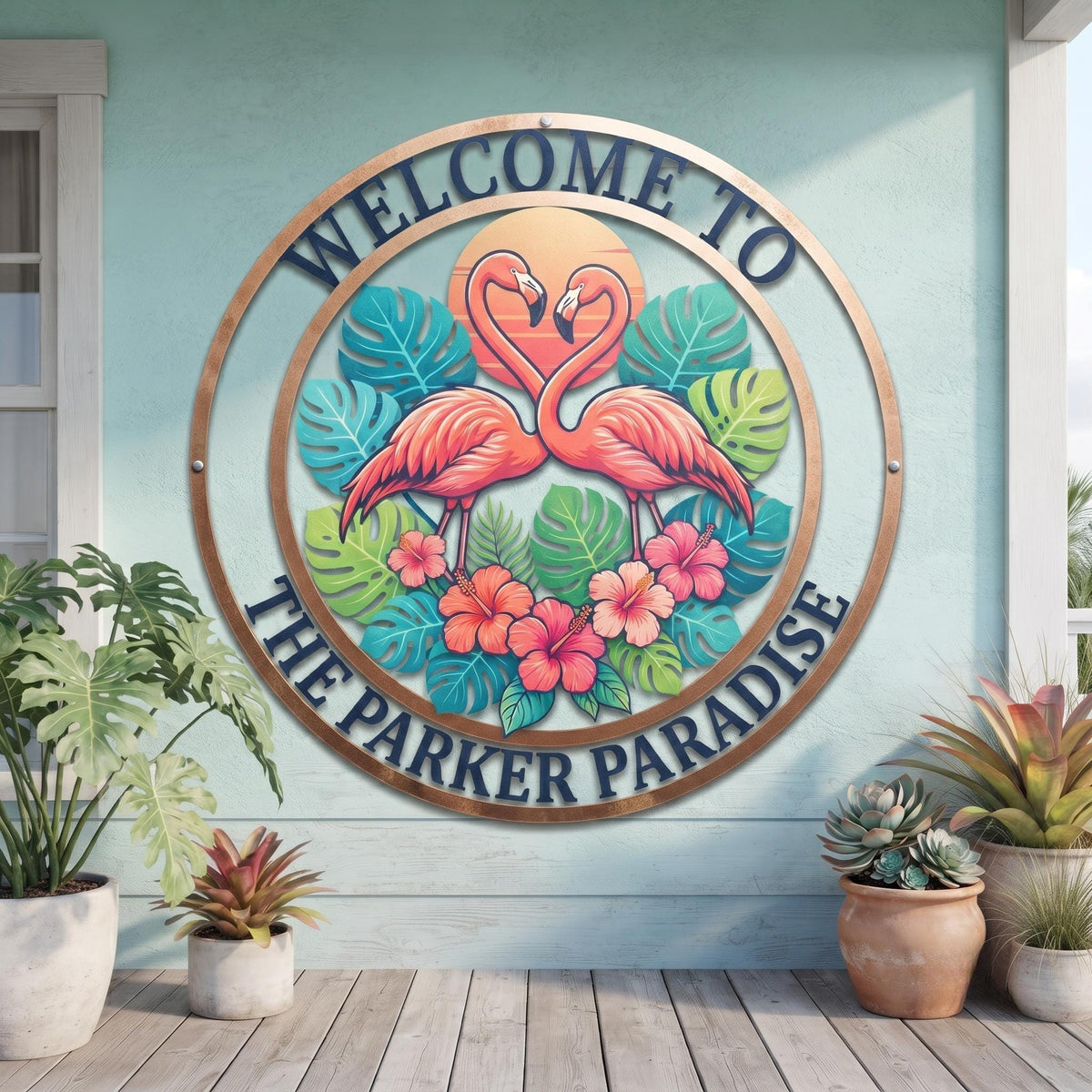Personalized Flamingo Metal Sign, Custom Family Name Sign, Tropical Patio Decor