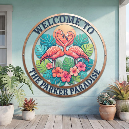 Personalized Flamingo Metal Sign, Custom Family Name Sign, Tropical Patio Decor