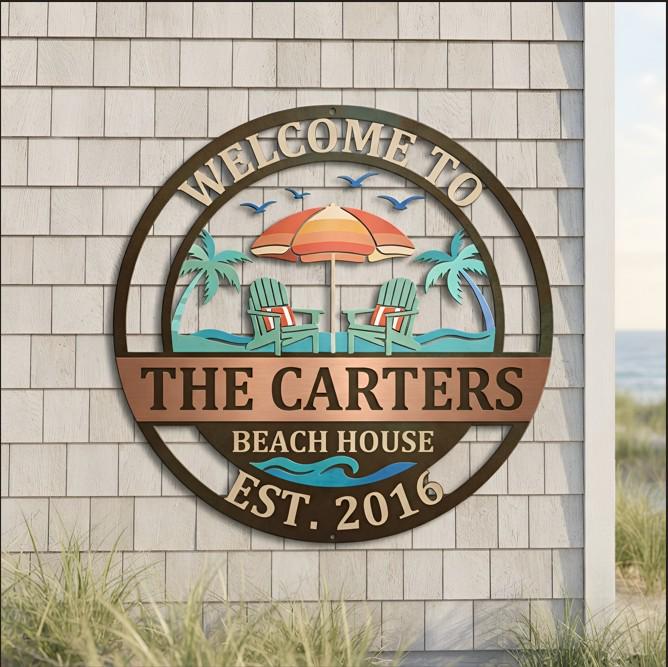 Custom Beach House Sign, Personalized Last Name Decor, Coastal Metal Wall Art