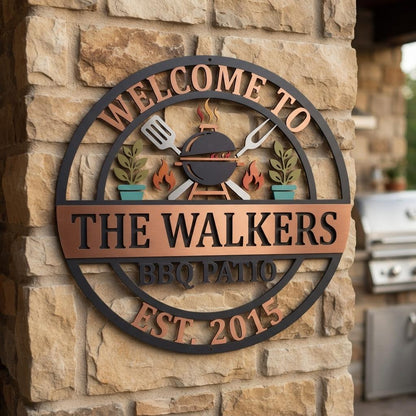 BBQ Metal Wall Sign - Personalized Family Name Sign - Custom Grill Sign - Patio Wall Decor, Outdoor Kitchen Sign, Grilling Gift