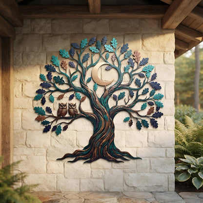 Owl Tree of Life Metal Wall Art, Crescent Moon Decor, Woodland Garden Art