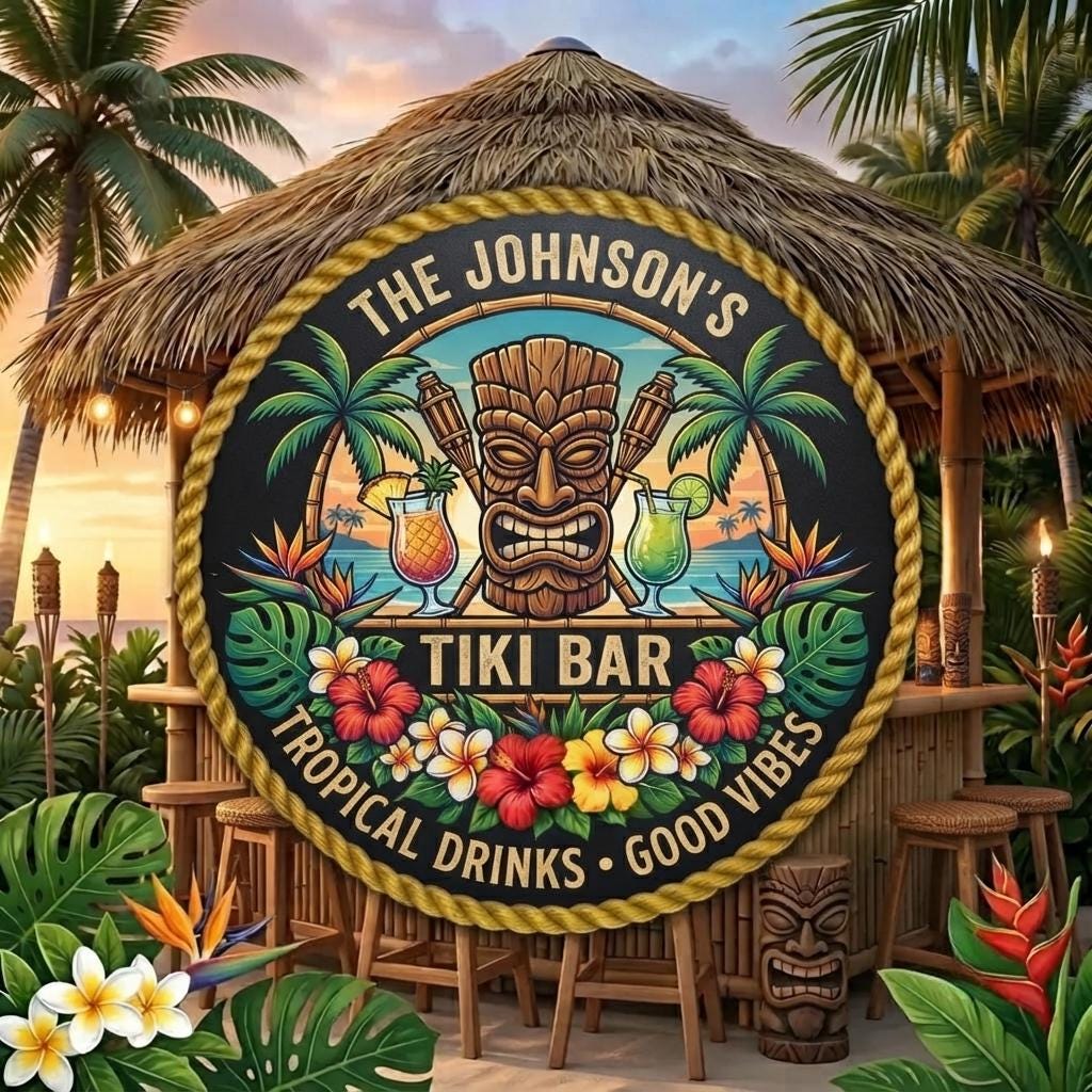 Personalized Tiki Bar Sign, Custom Family Name Decor, Tropical Home Bar Sign