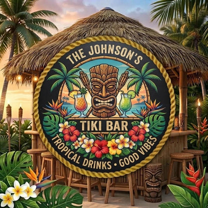 Personalized Tiki Bar Sign, Custom Family Name Decor, Tropical Home Bar Sign