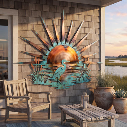 Heron Metal Wall Art - Coastal Metal Wall Decor - Sunset Marsh Wall Art - Beach House Decor, Lake House Decor, Outdoor Wall Art