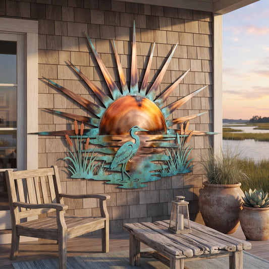 Heron Metal Wall Art - Coastal Metal Wall Decor - Sunset Marsh Wall Art - Beach House Decor, Lake House Decor, Outdoor Wall Art