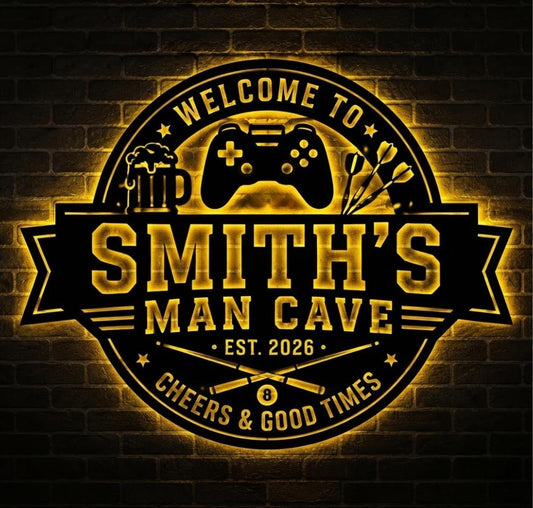 Personalized Man Cave Sign, Lighted Metal Wall Art With Name, Est Year, Games And Cheers Theme For Dad