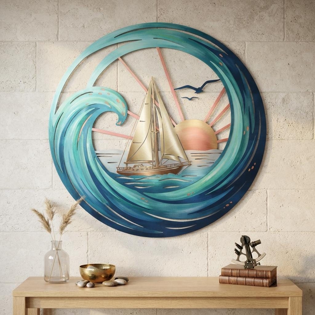 Sailboat Metal Wall Art, Ocean Wave Decor, Coastal Beach House Art