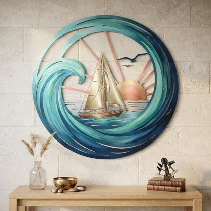 Sailboat Metal Wall Art, Ocean Wave Decor, Coastal Beach House Art