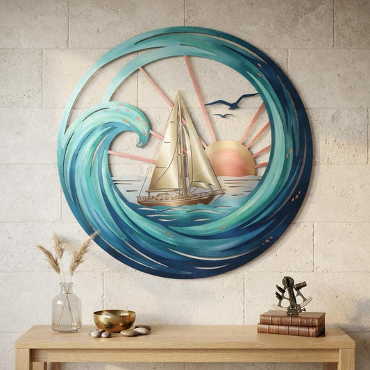 Sailboat Metal Wall Art, Ocean Wave Decor, Coastal Beach House Art