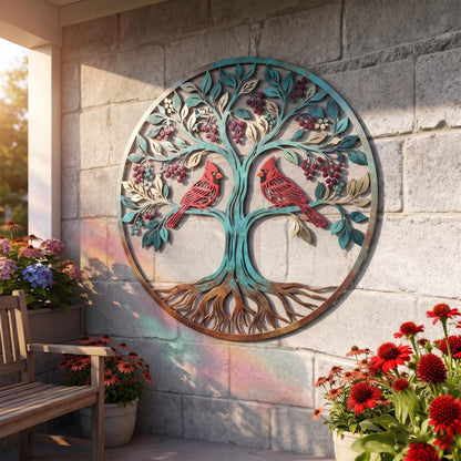 Cardinal Tree of Life Metal Wall Art, Red Bird Garden Decor, Nature Wall Decoration