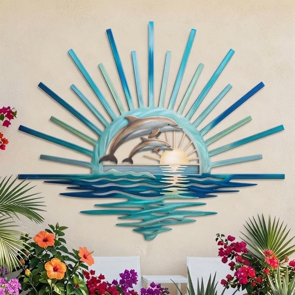 Dolphin Ocean Wall Decor, Coastal Metal Art, Tropical Beach House Decor