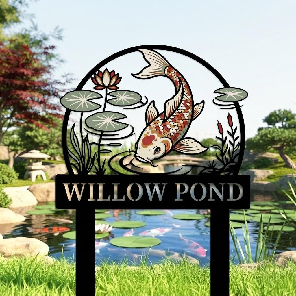 Personalized Koi Pond Sign, Metal Garden Stake, Japanese Garden Decor
