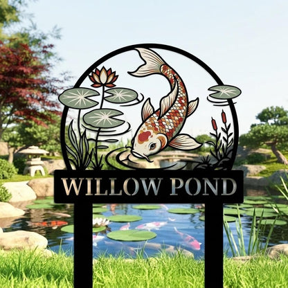 Personalized Koi Pond Sign, Metal Garden Stake, Japanese Garden Decor