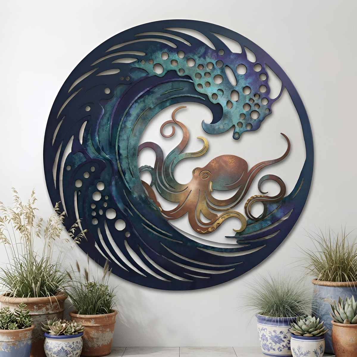 Octopus Metal Wall Art, Ocean Wave Coastal Decor, Nautical Beach House Wall Art