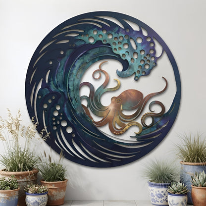 Octopus Metal Wall Art, Ocean Wave Coastal Decor, Nautical Beach House Wall Art