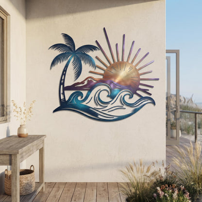 Ocean Wave Metal Wall Decor, Palm Tree Sunset Art, Coastal Home Decoration