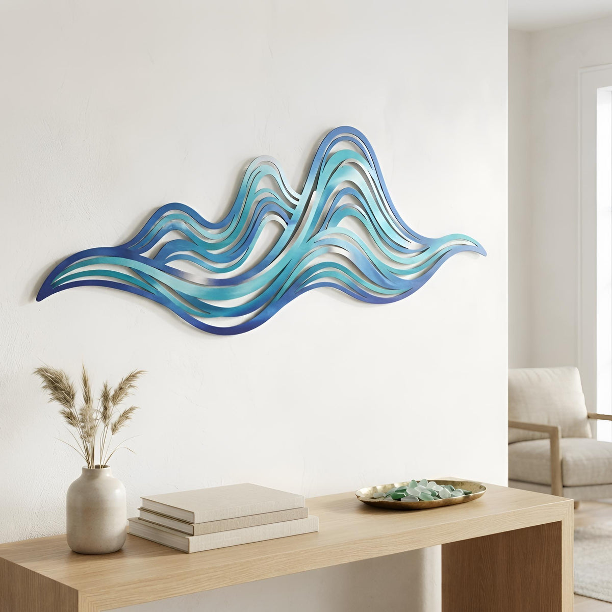 Abstract Ocean Wave Wall Art, Coastal Metal Decor, Blue Beach House Art