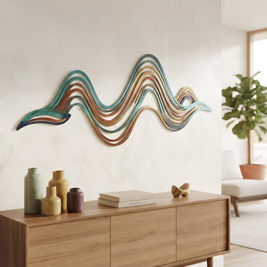 Modern Wavy Metal Wall Art, Abstract Line Decor, Colorful Living Room Wall Sculpture