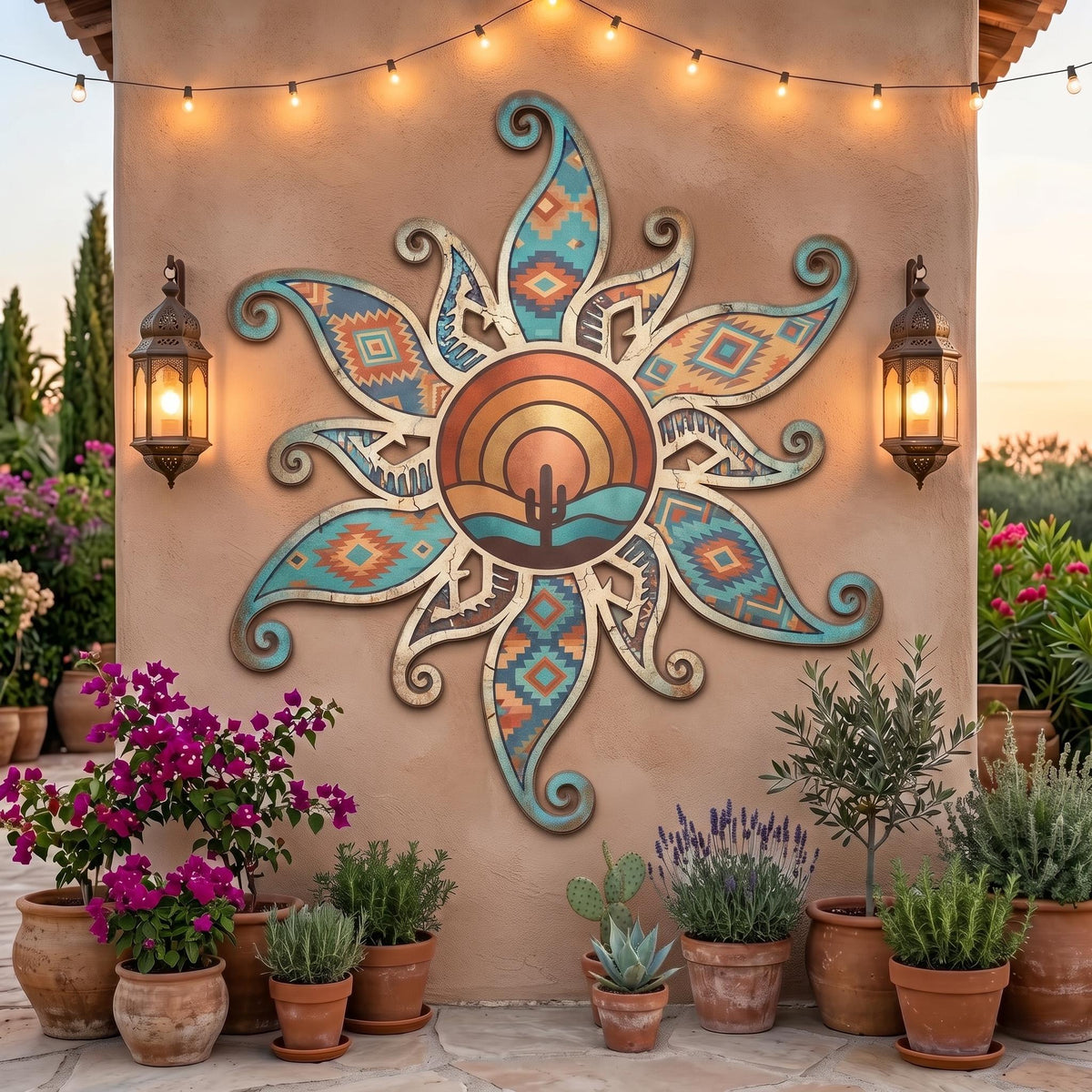 Southwestern Sun Metal Wall Art, Desert Cactus Decor, Boho Outdoor Patio Art
