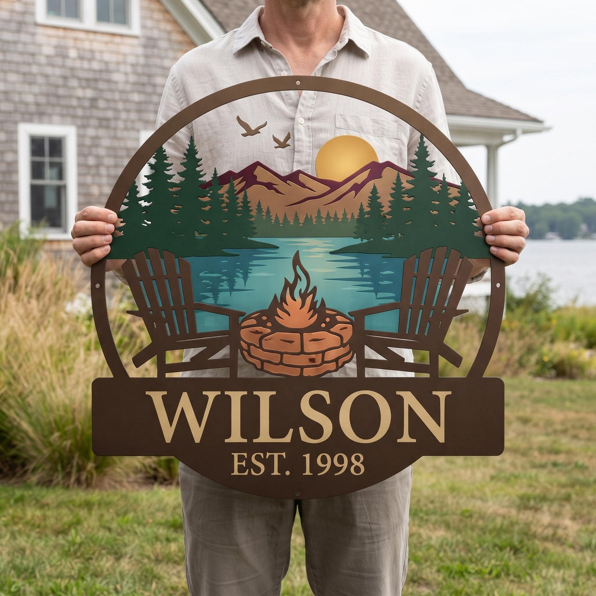 Custom Lake House Metal Sign - Personalized Family Name Sign - Lake Cabin Decor - Campfire Wall Art, Lakeside Decor, Cabin Gift