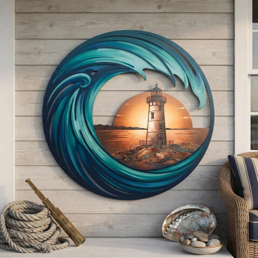 Ocean Wave Metal Wall Art - Lighthouse Wall Decor - Coastal Wall Art - Beach House Decor, Nautical Decor, Ocean Lover Gift