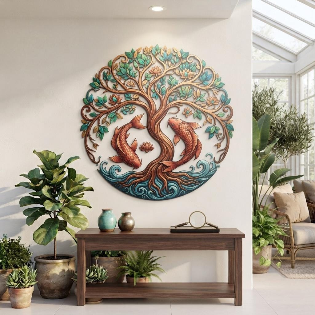 Koi Fish Metal Wall Art - Tree of Life Wall Decor - Japanese Koi Decor - Nature Wall Art, Zen Home Decor, Asian Wall Decor